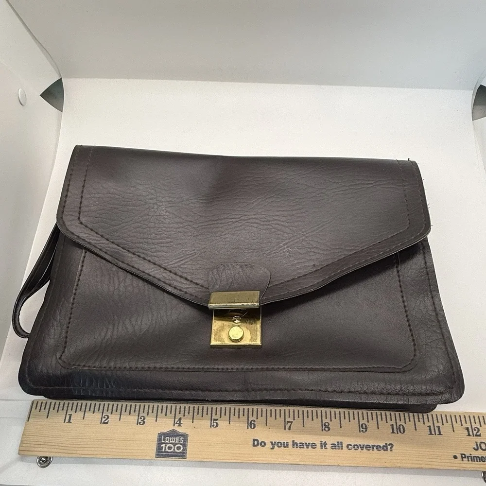 VTG Brown Leather Briefcase Gold Tone Lock & Key 12x8 Slim Portfolio Attache Bag